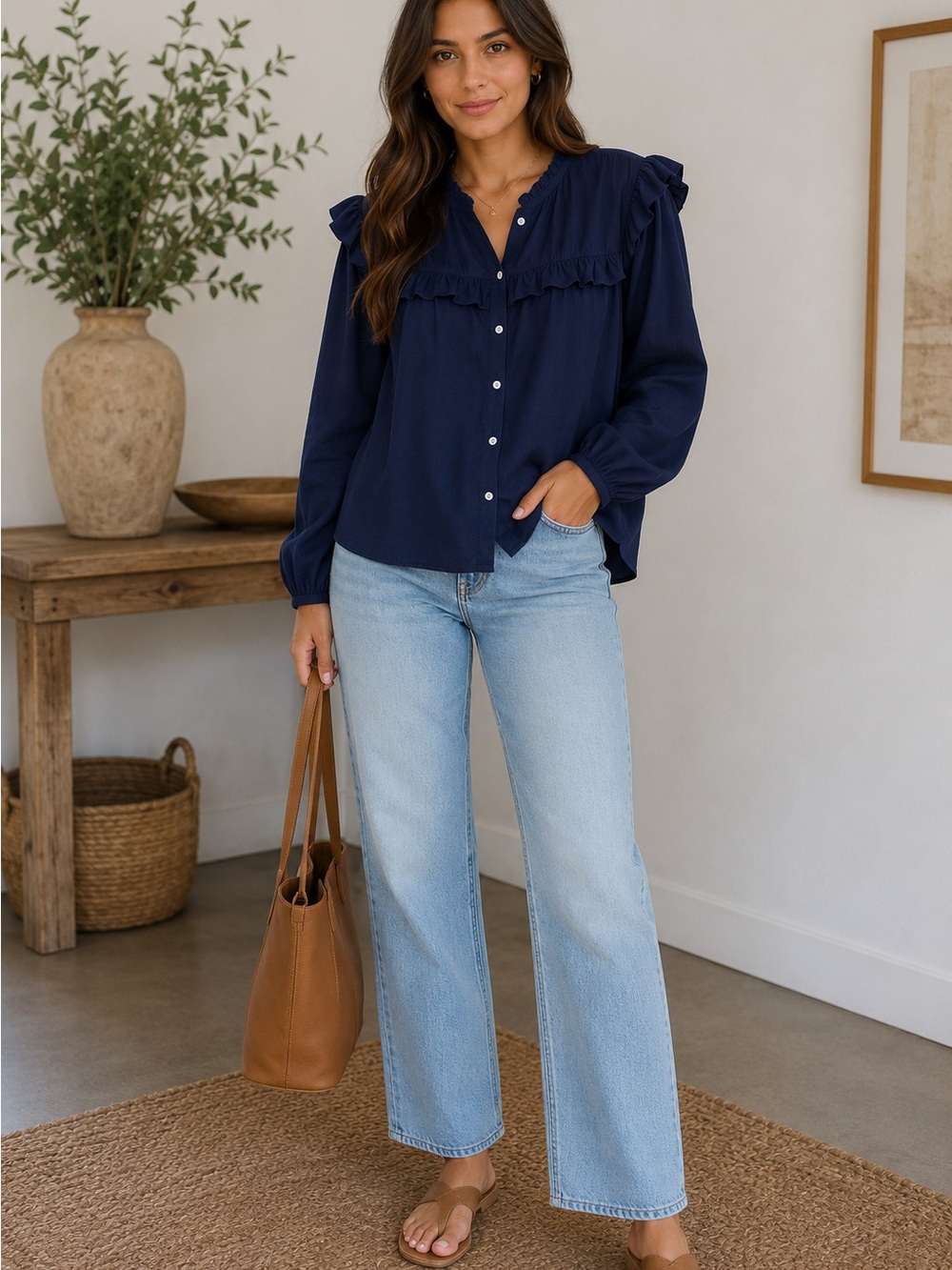 GAP Navy Ruffle-Trim Button-Front Blouse
